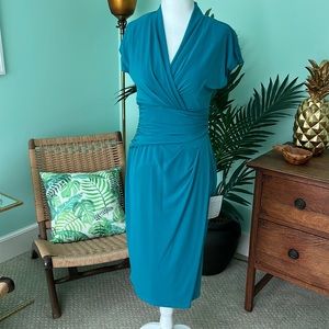 Suzi Chin for Maggy Boutique Teal Faux Wrap Jersey Knit Dress - Size 6